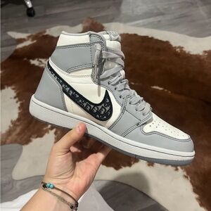 Gray and White High-Top Sneakers with Logo